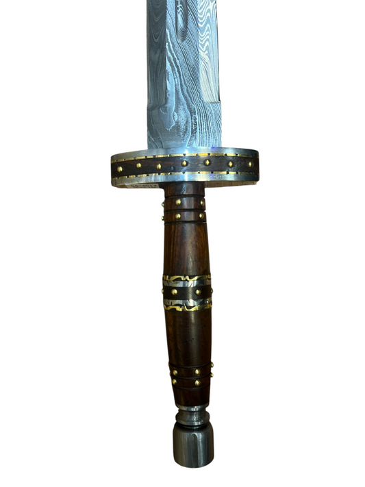 Functional Hand Forged Damascus Dagger - Real Brass Inlay & Pins - Genuine Oak Wood Handle