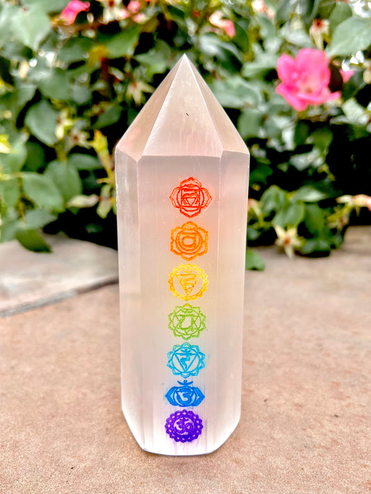Large Selenite 7 Chakra Tower