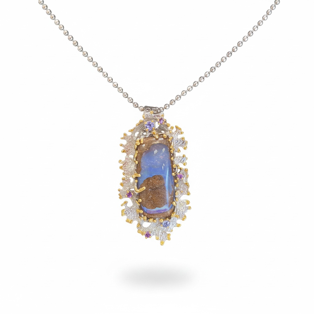 Boulder Opal, Amethyst & Tanzanite with Rhodium & Yellow Gold Pendant