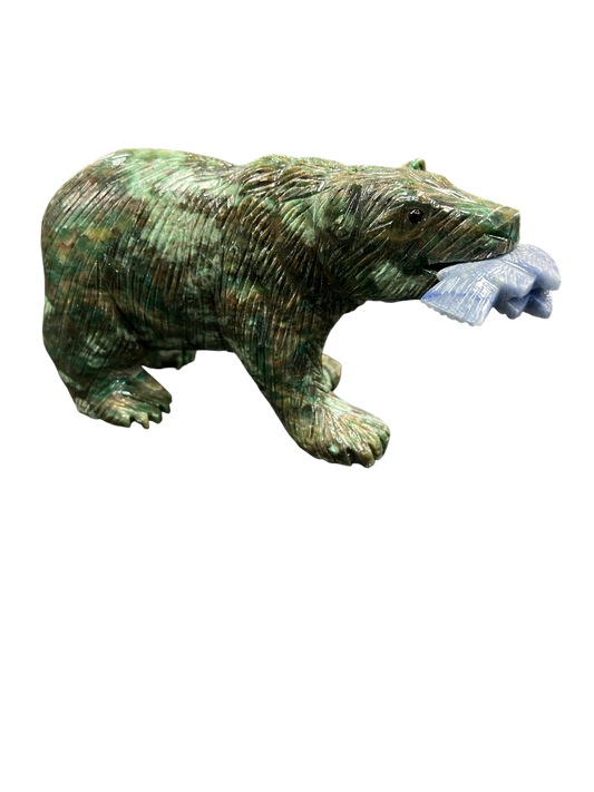 Hand Carved Green Jasper Bear With Sodalite Fish
