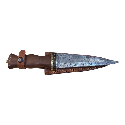 7" Inch Roman Gladius Style Single Sided Damascus Fixed Blade W/ Genuine Leather Sheath