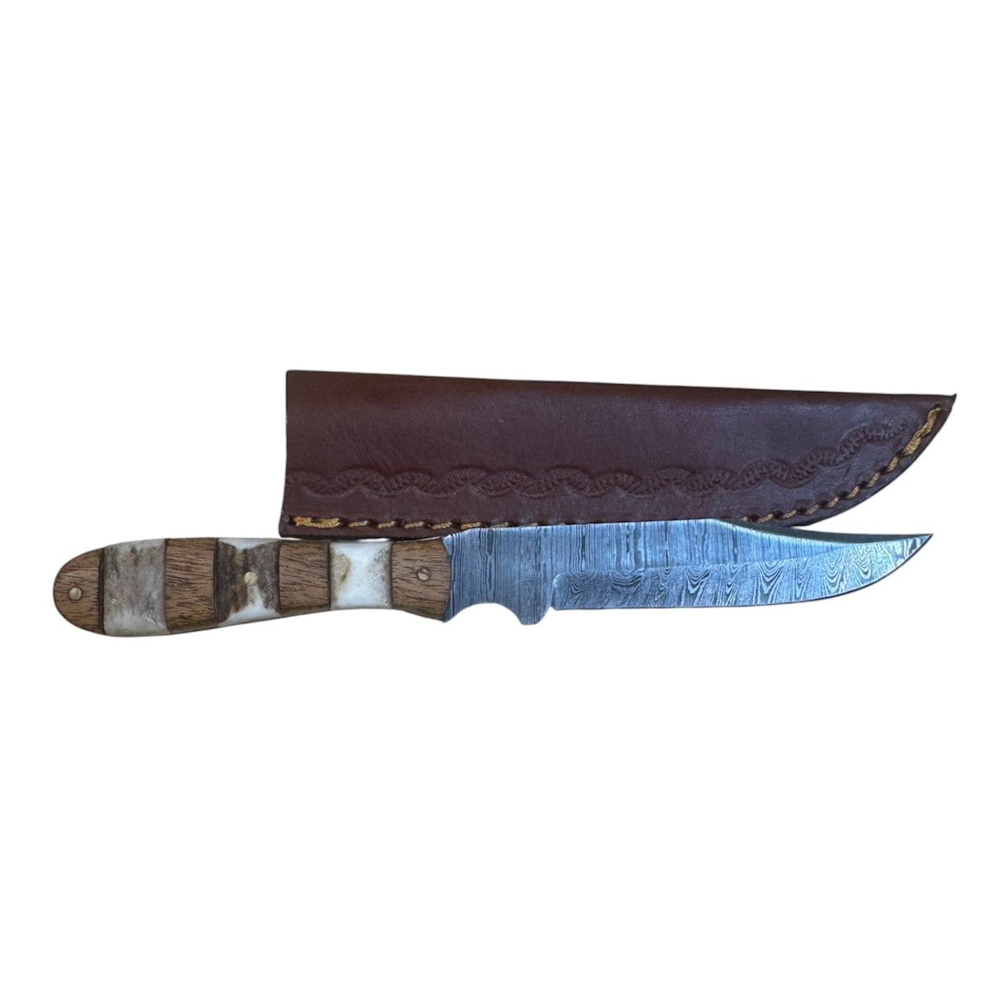 4" Inch Full Tang Fixed Damascus Blade W/ Bone and Wood Carved Handle and Genuine Leather Sheath