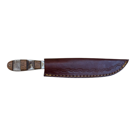 4" Inch Full Tang Fixed Damascus Blade W/ Bone and Wood Carved Handle and Genuine Leather Sheath