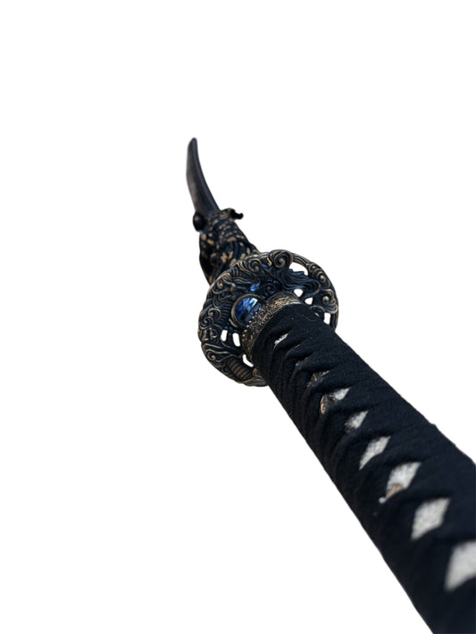 Sokojikara Hammer Worked Katana - Hand Forged Damascus - Genuine Ray Skin - Metal Alloy Dragon Tsuba