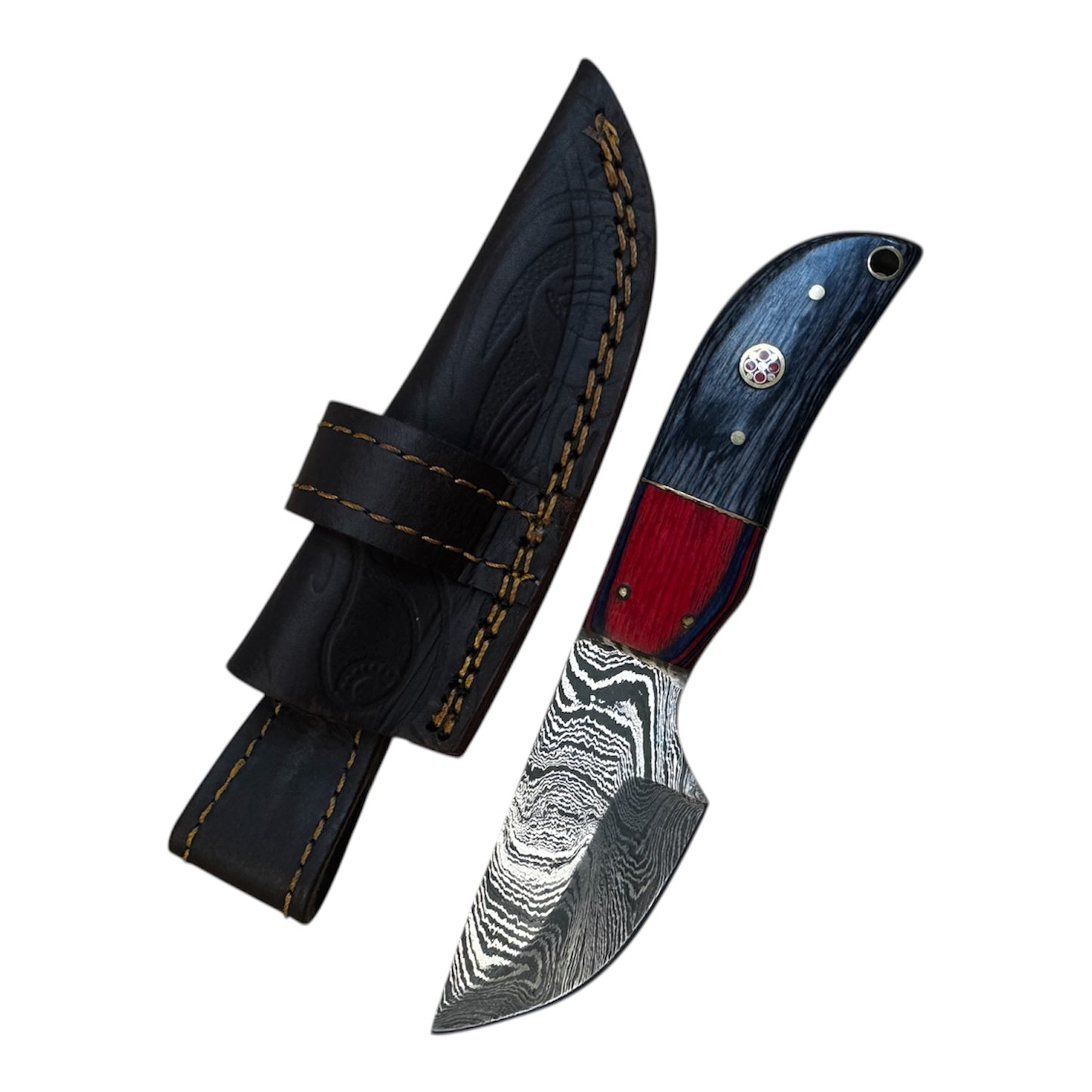 Damascus Survival Knife - Genuine Leather Sheath - Wood Carved Handle - 3" Inch Blade