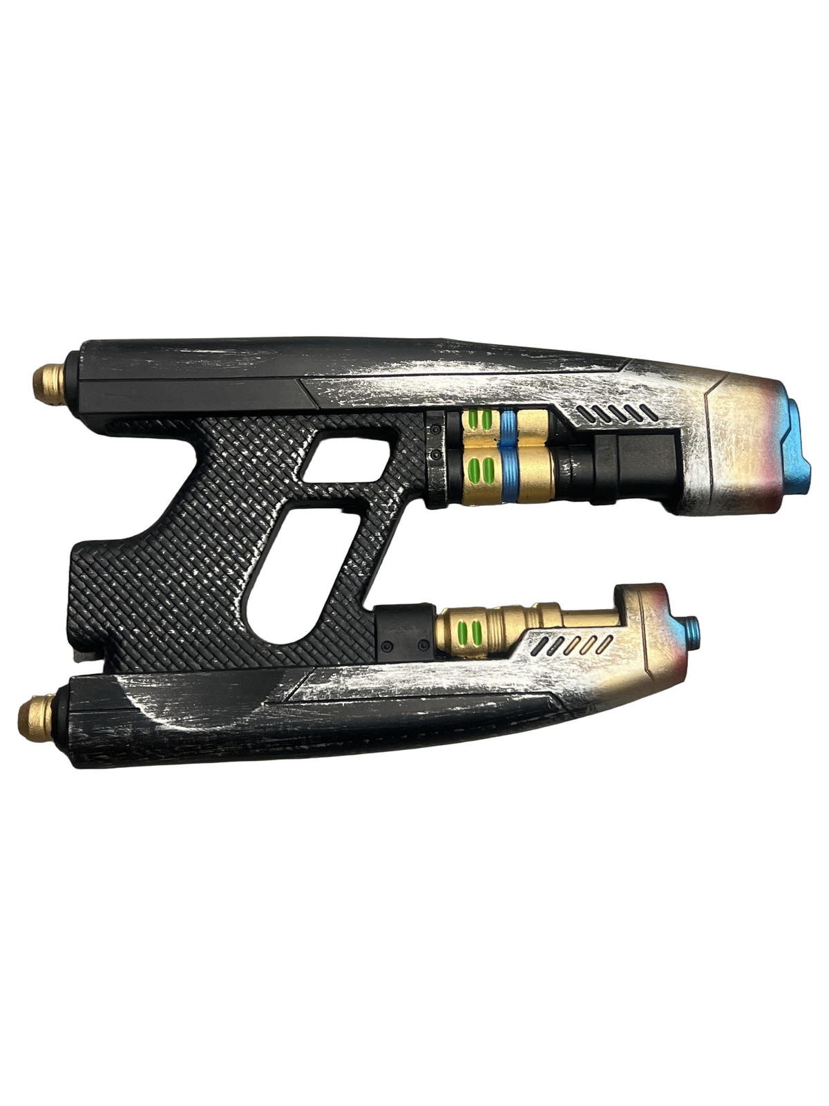 Guardians of the Galaxy Star-Lord "Quad Blaster" Foam LARP Gun – weathered silver-and-black two-piece foam replica with separating upper and lower barrels, gold and blue barrel tips and energy cells, side view on white background