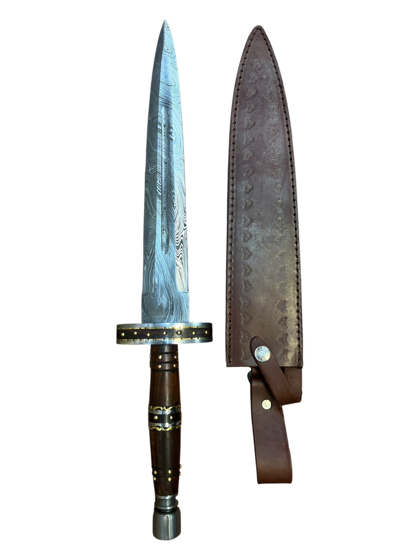 Functional Hand Forged Damascus Dagger - Real Brass Inlay & Pins - Genuine Oak Wood Handle