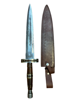 Functional Hand Forged Damascus Dagger - Real Brass Inlay & Pins - Genuine Oak Wood Handle