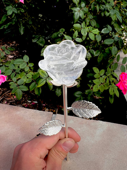 Clear Quartz Rose On Silver Stem