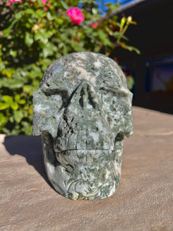 Hand Carved Moss Agate Skull (Brazil)