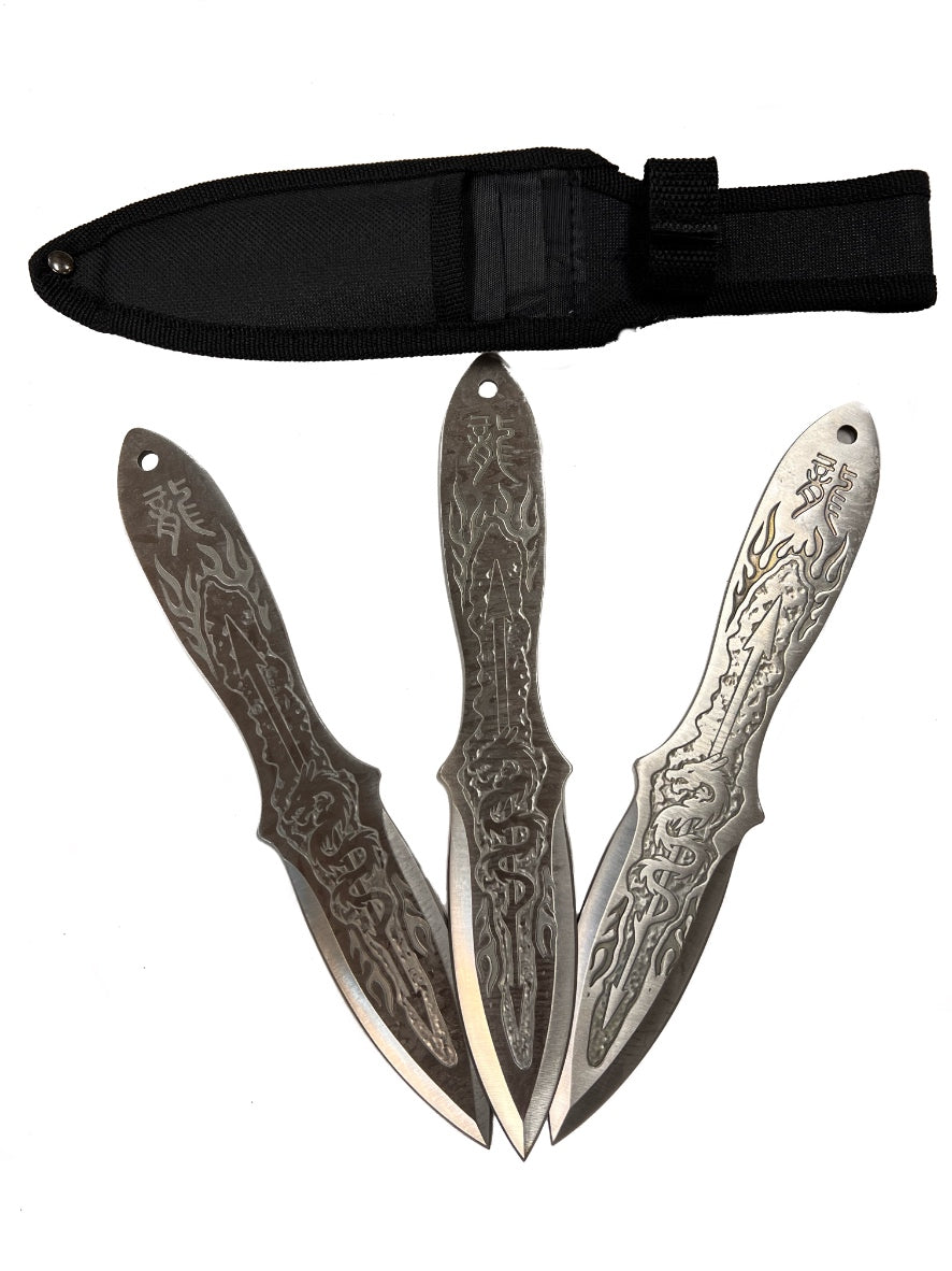 Set Of 3 USA Designed Dragon Throwing Knives (3cr13 Steel) Includes Nylon Sheath