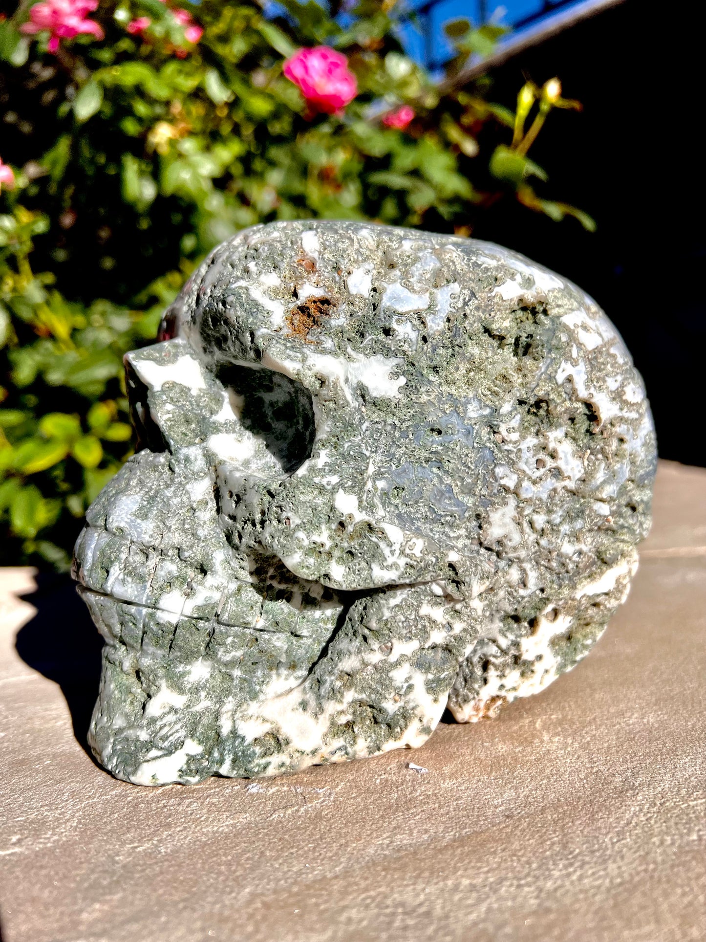 Hand Carved Moss Agate Skull (Brazil)