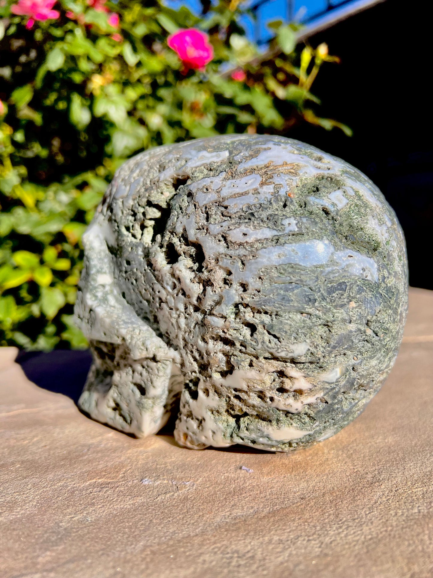 Hand Carved Moss Agate Skull (Brazil)