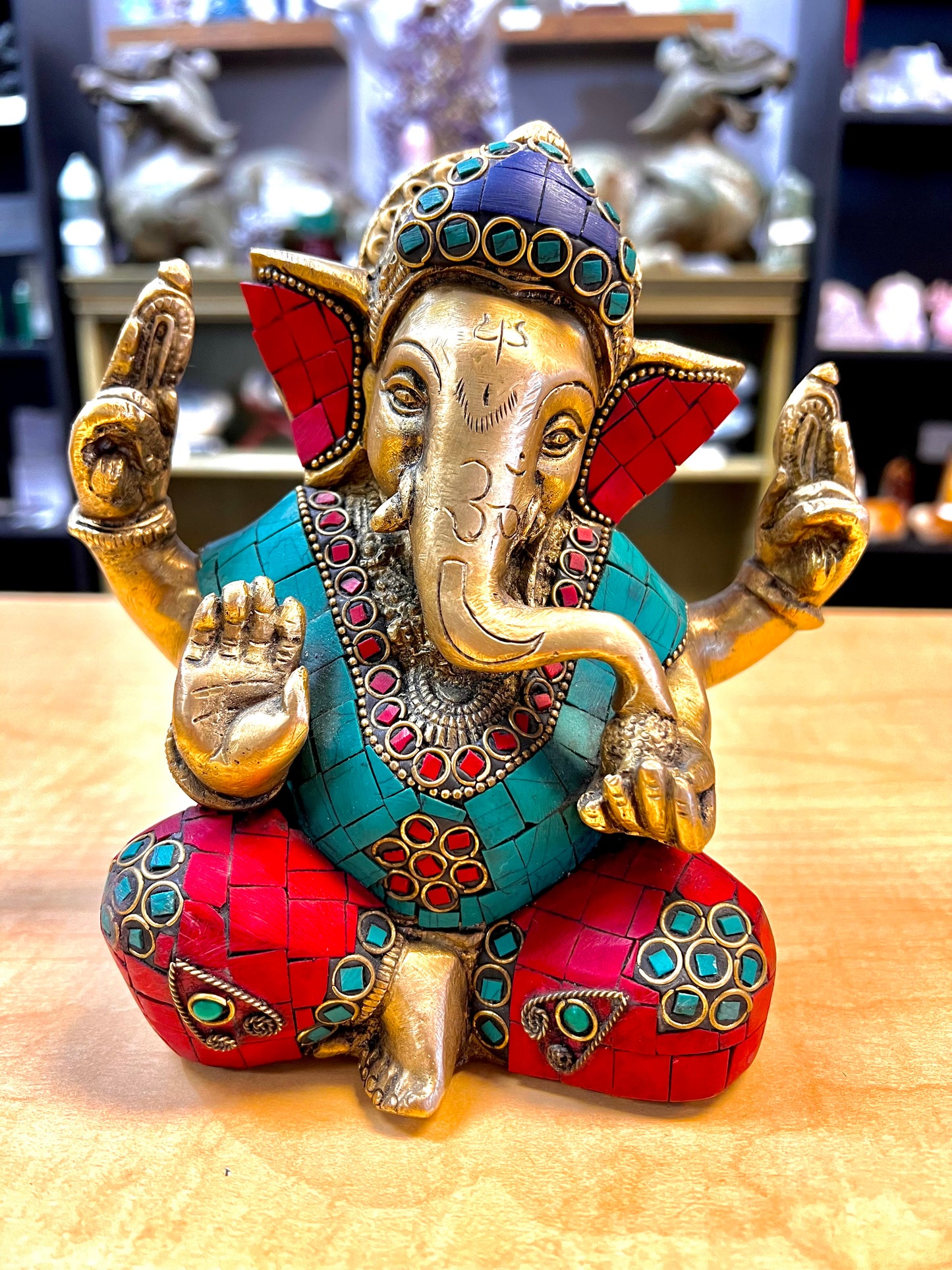 Brass, Turquoise, Coral, & Lapis Ganesha (Hand Made)