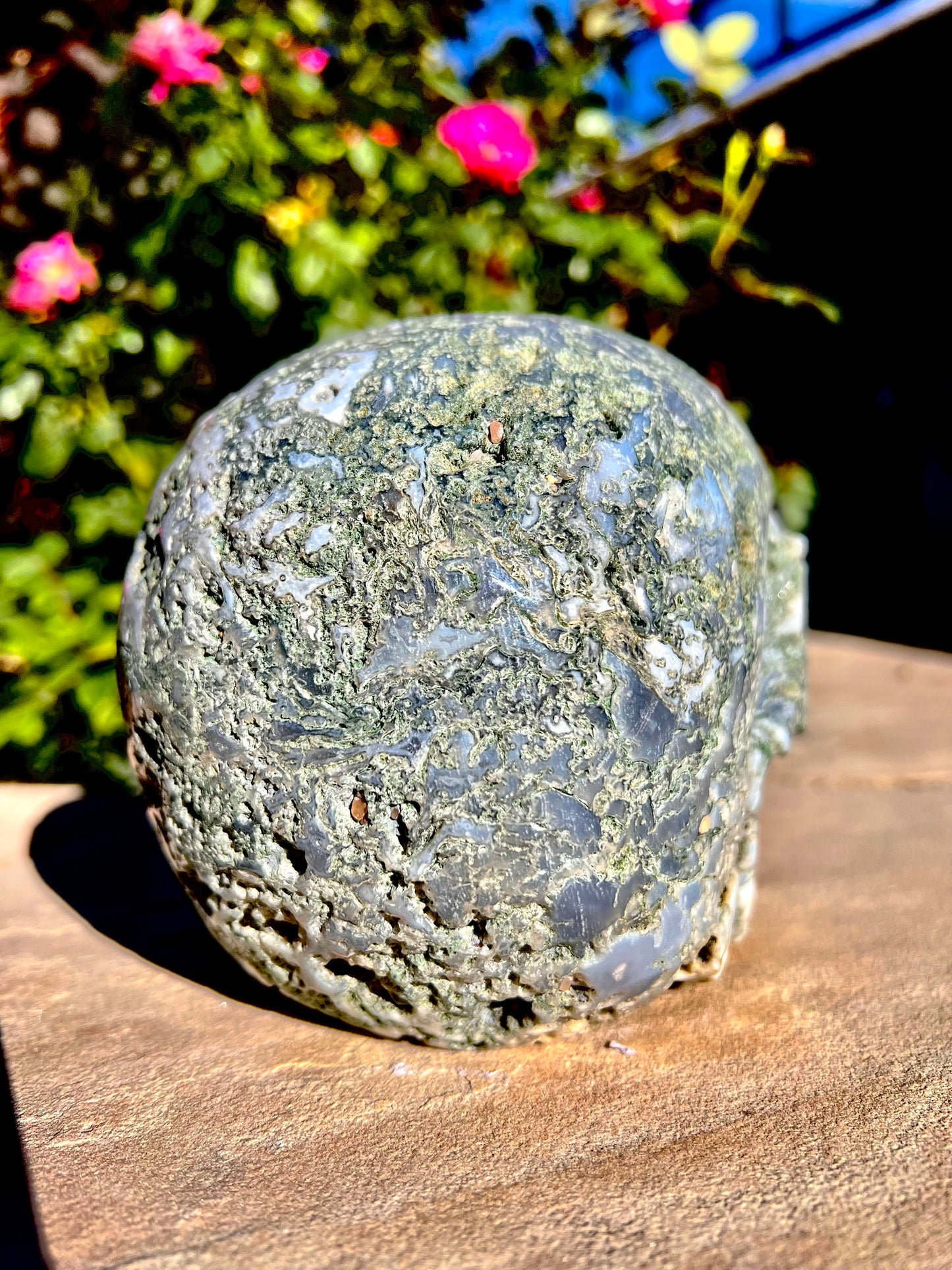 Hand Carved Moss Agate Skull (Brazil)