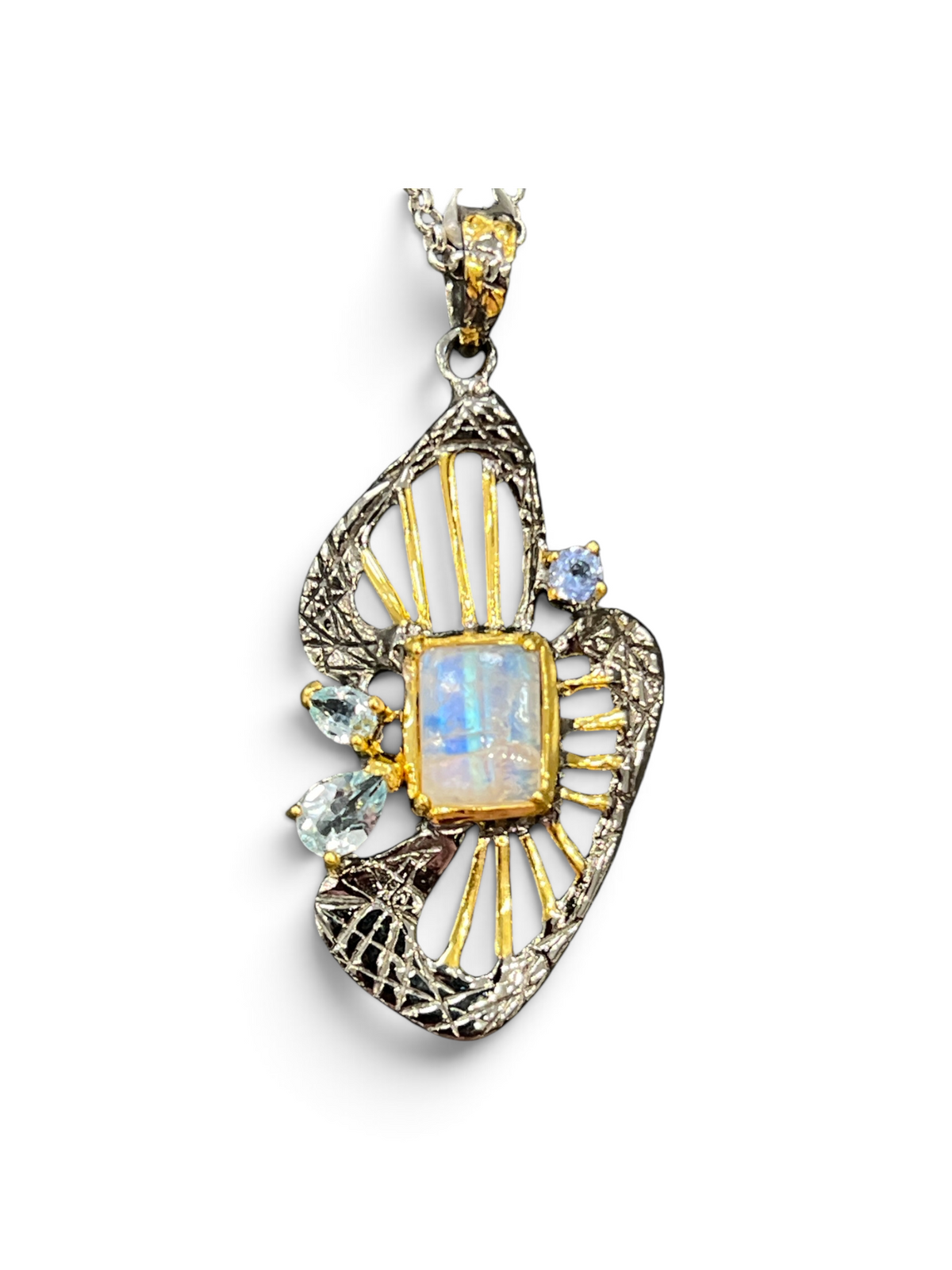Moonstone & Blue Topaz Pendant With Rhodium & Yellow Gold