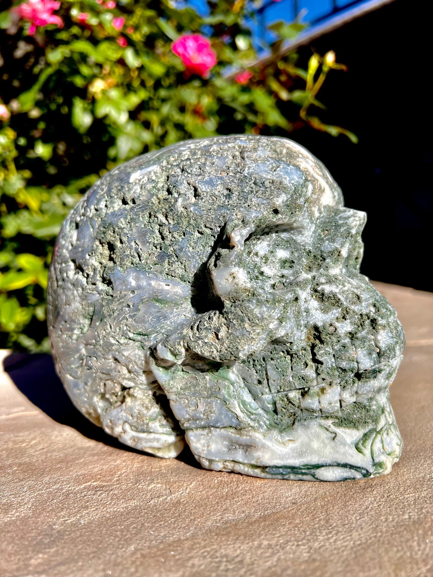 Hand Carved Moss Agate Skull (Brazil)