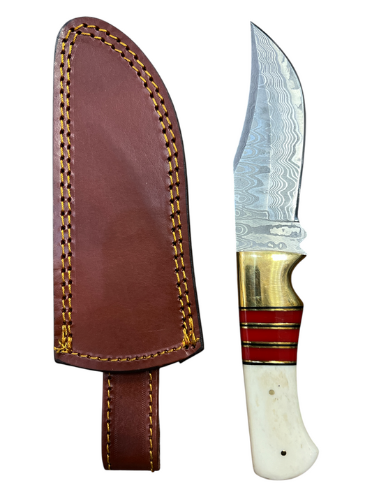 “Rite Edge” Damascus Steel Survival Knife by- Includes Leather Sheath - Bone, Coral & Brass Handle