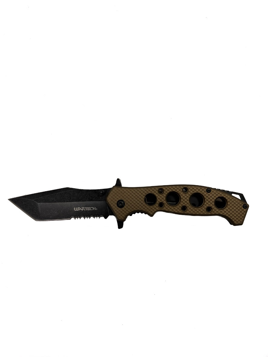 Wartech Knives: Black and Brown Serrated Assisted Opening Pocket Knife (3Cr13 Steel)