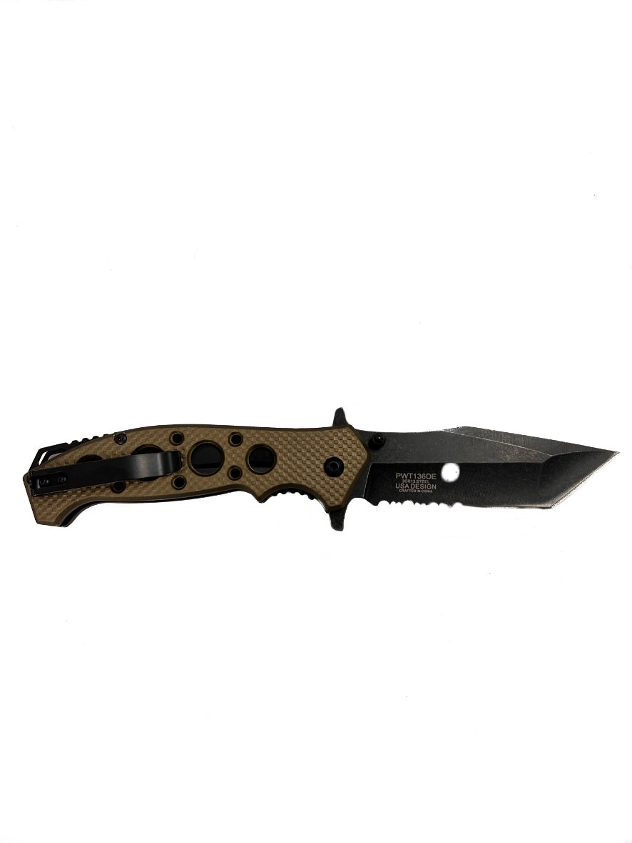 Wartech Knives: Black and Brown Serrated Assisted Opening Pocket Knife (3Cr13 Steel)