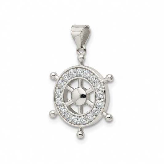 .925 Sterling Silver Ship Wheel Pendant - Swarovski Crystals