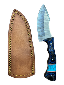 “Rite Edge” Damascus Steel Survival Knife by- Includes Leather Sheath / Turquoise Inlay