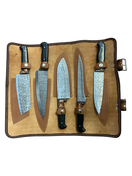 Set of 5 Damascus Full Tang Kitchen Knife Set & Genuine Leather Sheath