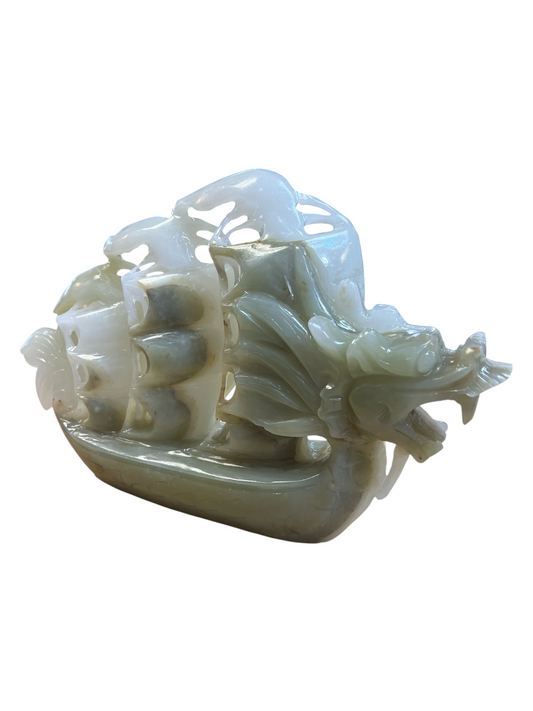 Mexican Green Onyx Boat / Dragon Carving - Hand Carved