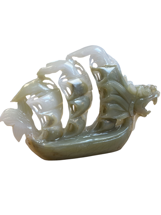 Mexican Green Onyx Boat / Dragon Carving - Hand Carved