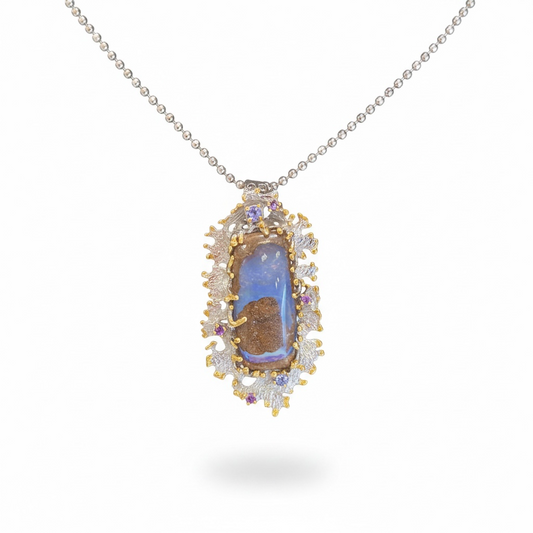 Boulder Opal, Amethyst & Tanzanite with Rhodium & Yellow Gold Pendant