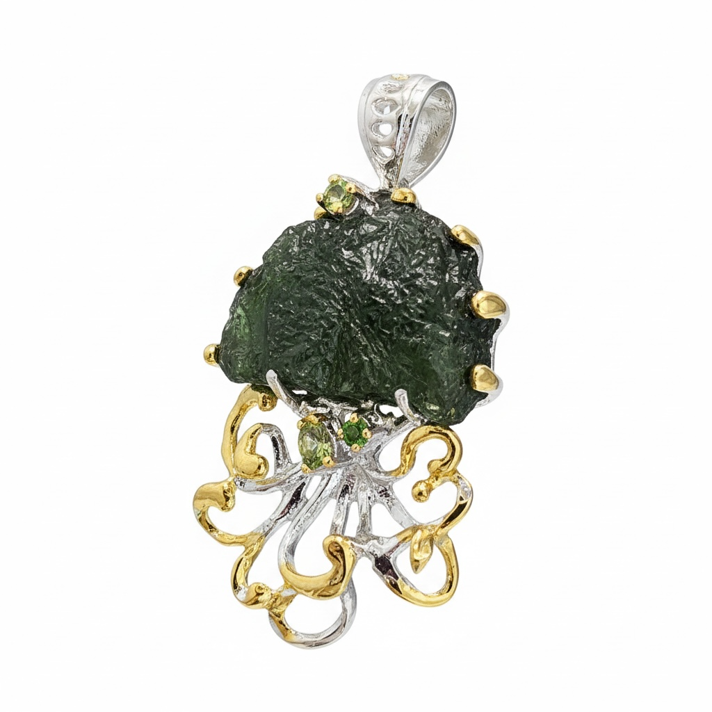 Moldavite - Peridot - Green Diopside with Rhodium & Yellow Gold