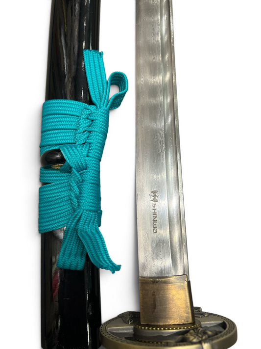 Shinwa Regal Teal Katana - Full Tang - Hand Forged Damascus - Genuine Ray Skin
