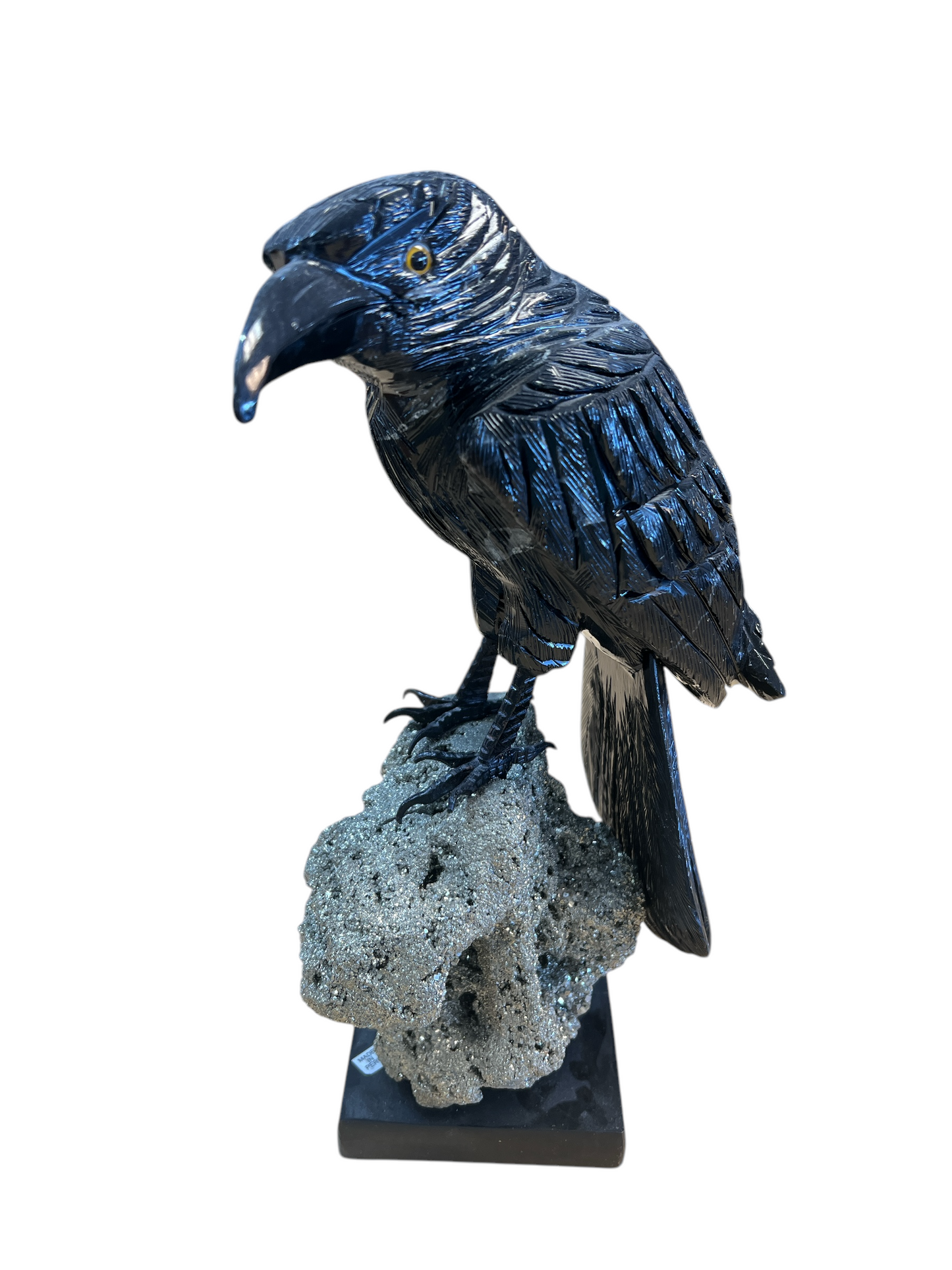 Black Onyx Raven On Pyrite & Marble Base - 1 Foot Tall - Two Separate Pieces