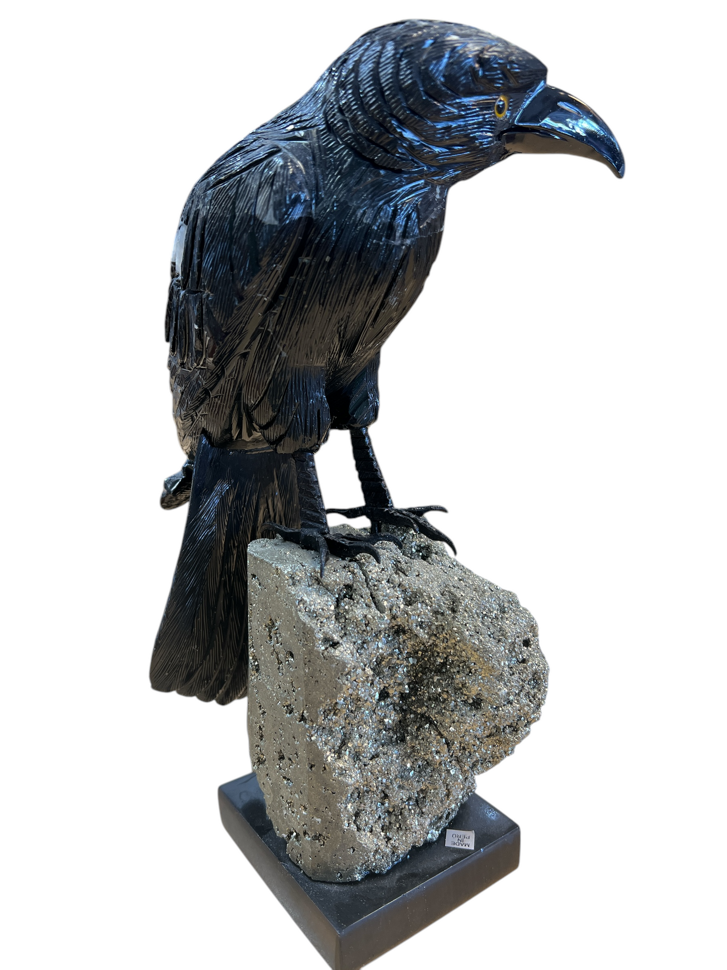 Black Onyx Raven On Pyrite & Marble Base - 1 Foot Tall - Two Separate Pieces