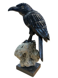 Black Onyx Raven On Pyrite & Marble Base - 1 Foot Tall - Two Separate Pieces