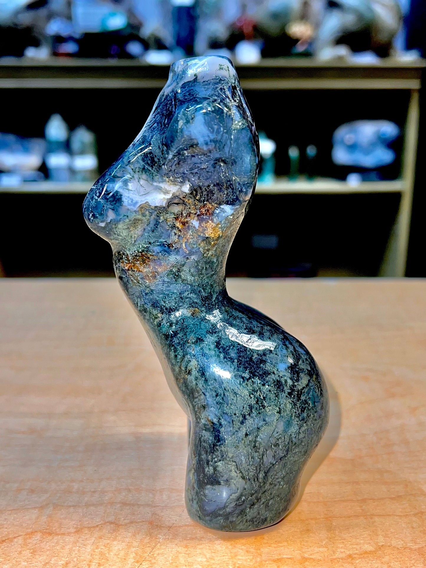 7" Polished Moss Agate Lady Figure (Brazil)