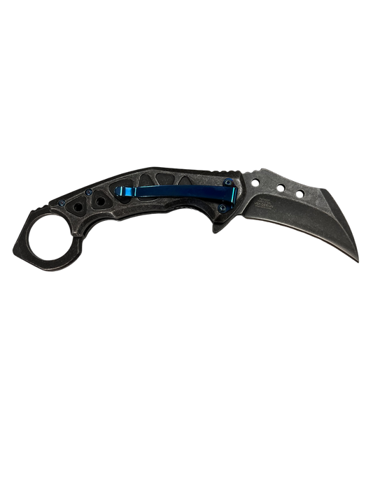 "Wartech" Gun Metal With Blue Accent Assisted Opening Karambit (3cr13 Steel)