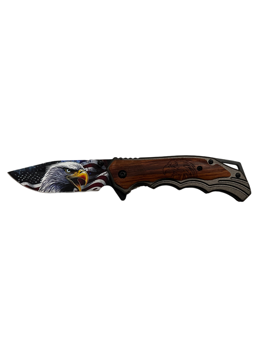 "Buckshot" Natural Wood / American Flag / Eagle Blade Assisted Opening Pocket Knife (3cr13 Steel)