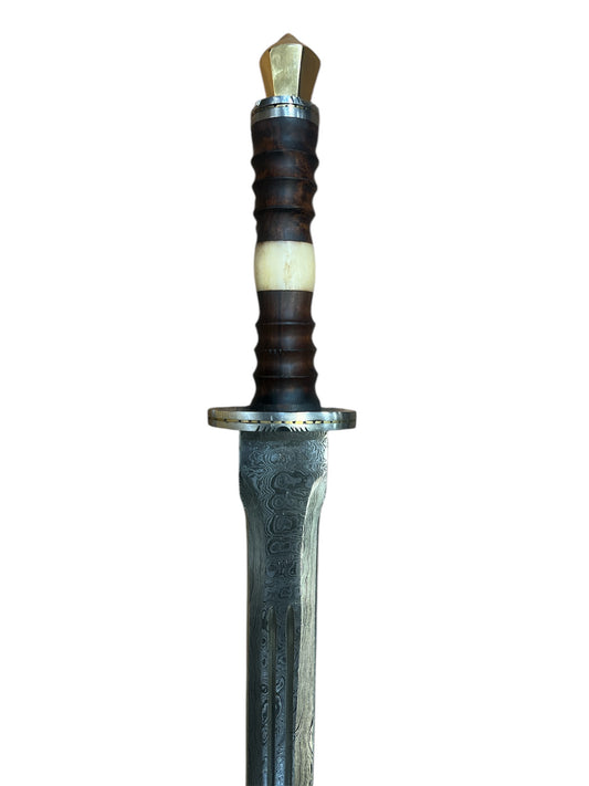 "Legends In Steel" Walnut Wood & Bone Short Sword - Genuine Damascus Steel - Genuine Bone - Brass Pommel & Spacers