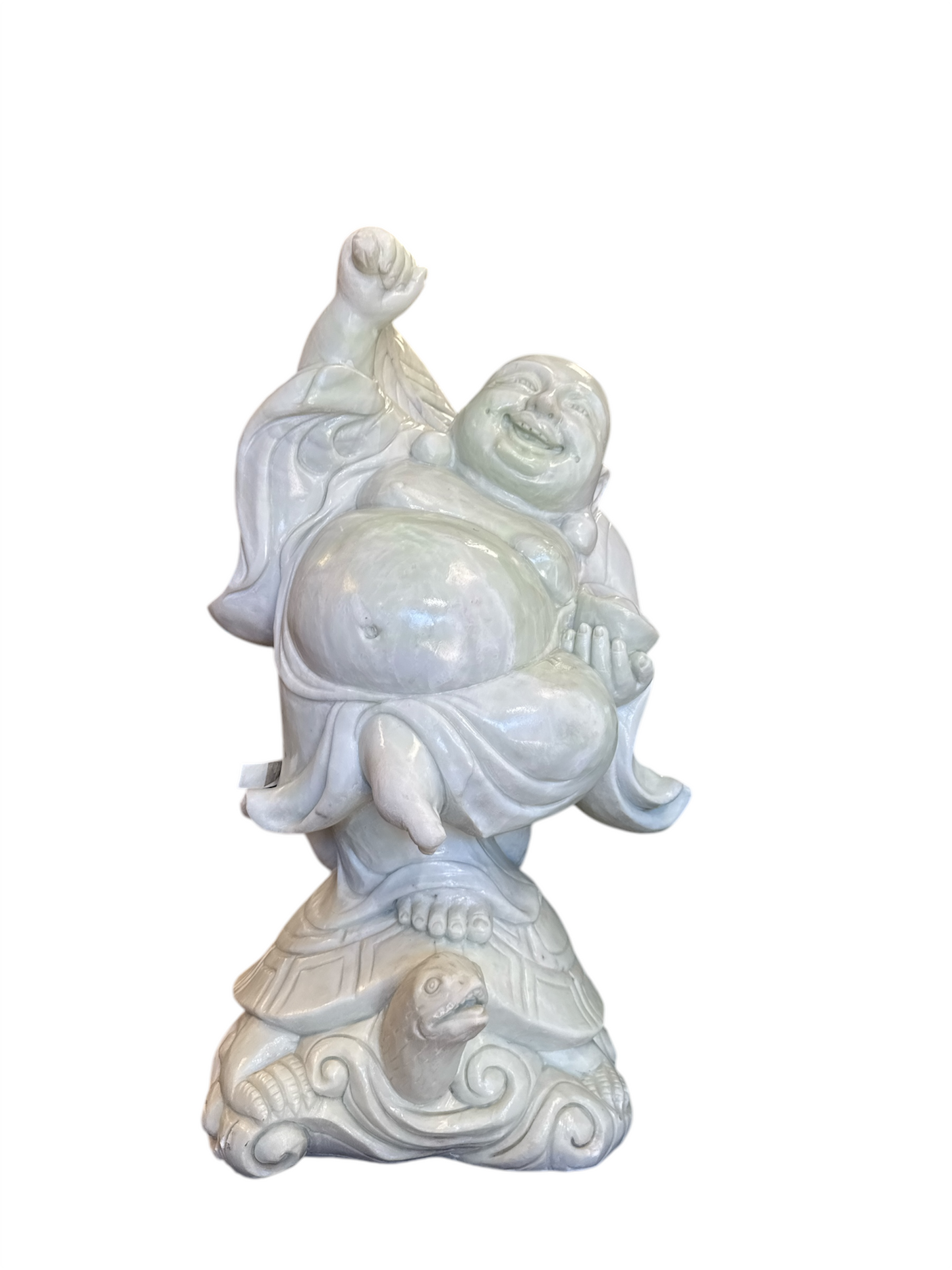 (Local Pick Up Only) 2 Foot Hand Carved White Marble Happy Buddha Standing On Turtle