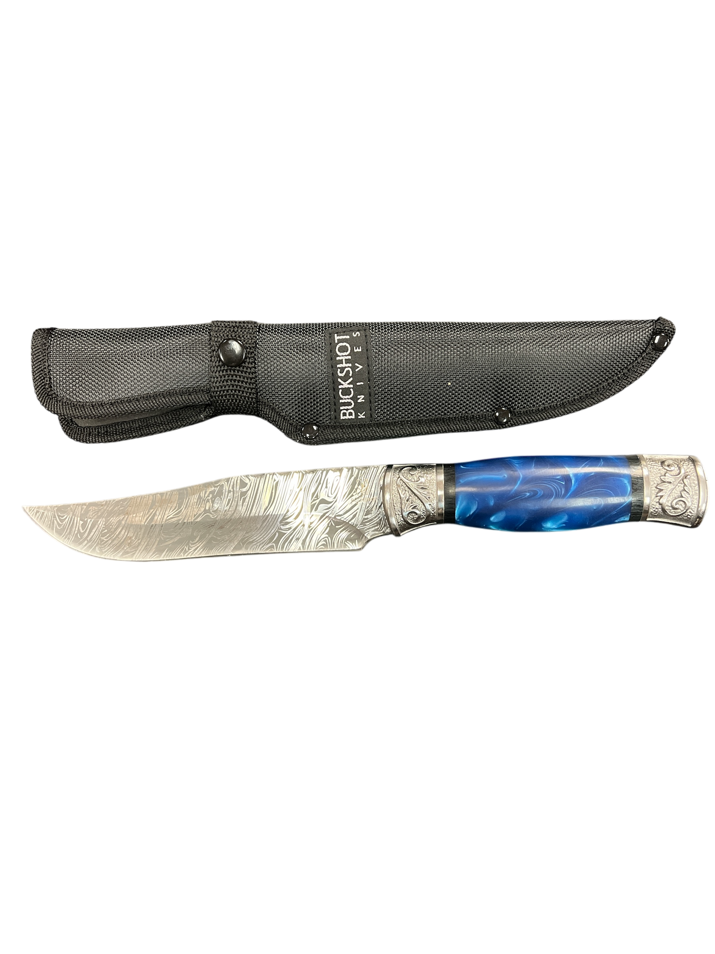 "Buckshot" Etched Damascus Steel & Blue Resin Handle Survival Knife (3cR13 Steel)