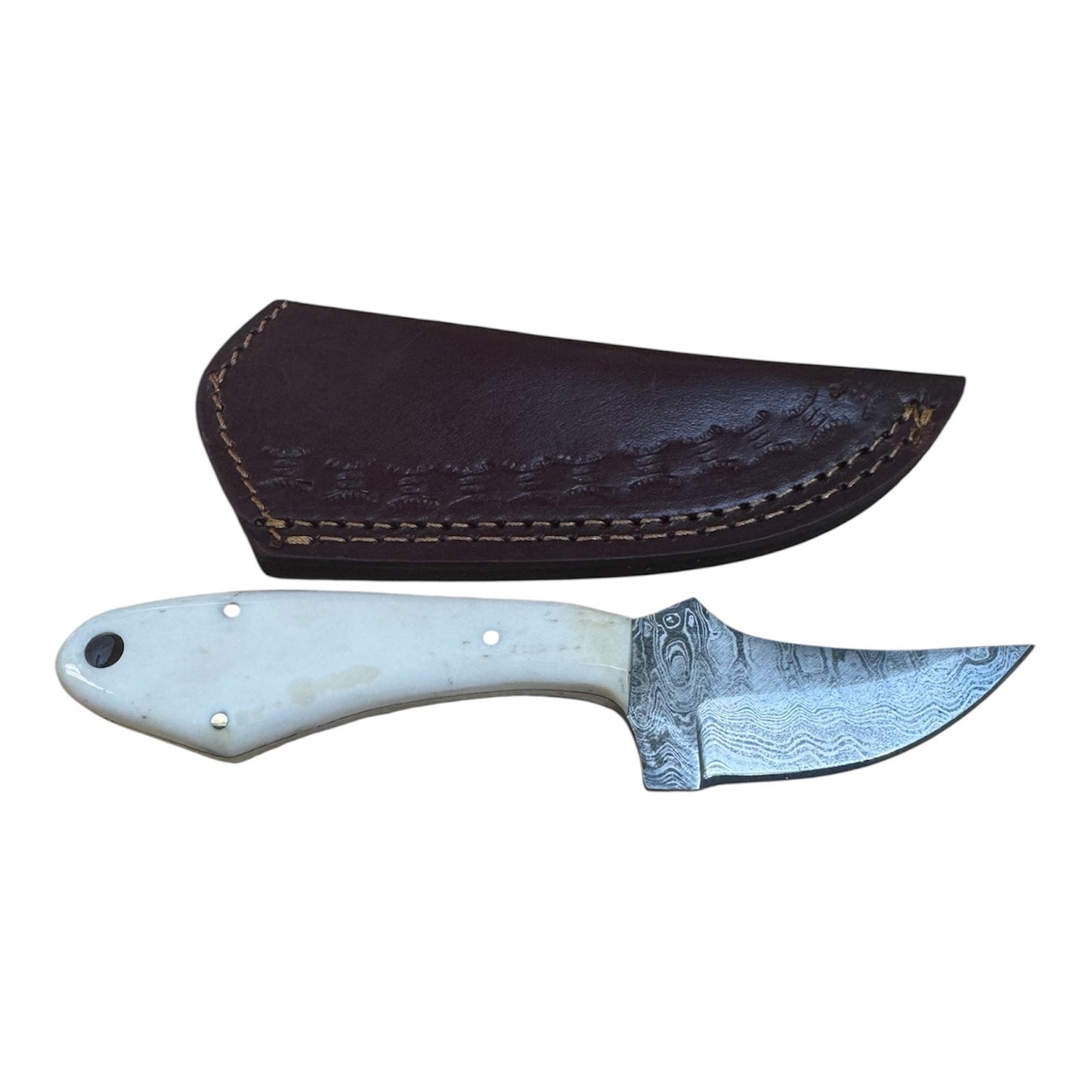 3" Inch Fixed Damascus Skinner Knife W/ Genuine Leather Sheath and Deer Bone Handle