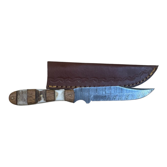 4" Inch Full Tang Fixed Damascus Blade W/ Bone and Wood Carved Handle and Genuine Leather Sheath
