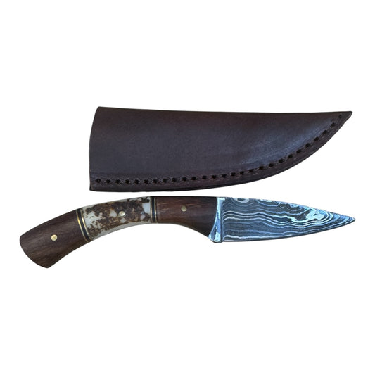 3" Inch Damascus Knife W/ Bone and Wood Handle and Genuine Leather Sheath