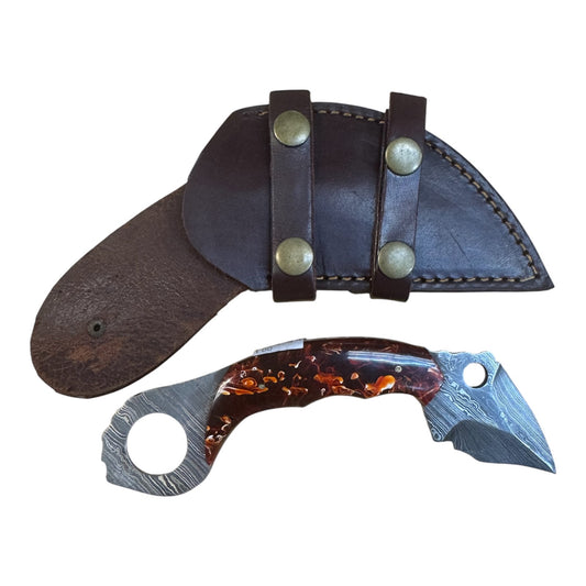 2" Inch Damascus Karambit W/ Resin Handle and Genuine Leather Sheath