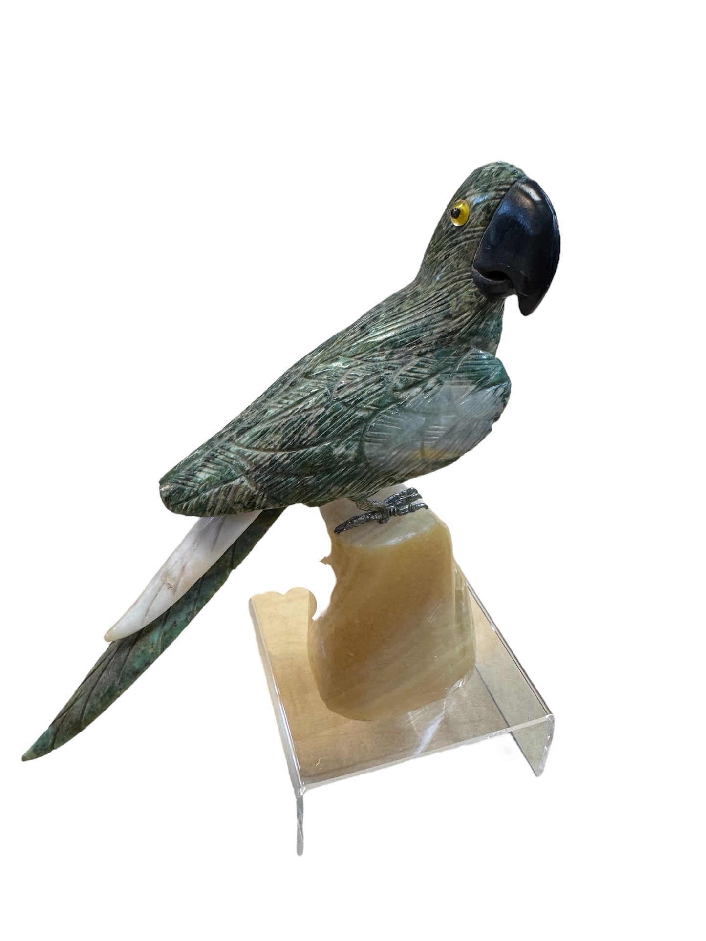Serpentine Parrot on Honey Calcite Base Stone Animal