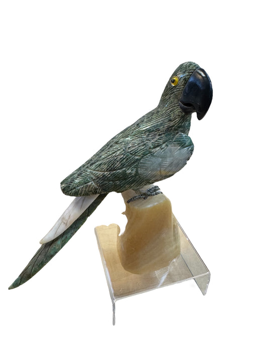Serpentine Parrot on Honey Calcite Base Stone Animal