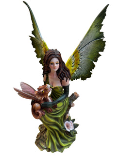 Green Fairy W/ Baby Dragon Figurine - 13" Inches Tall - Polyester Resin Composite