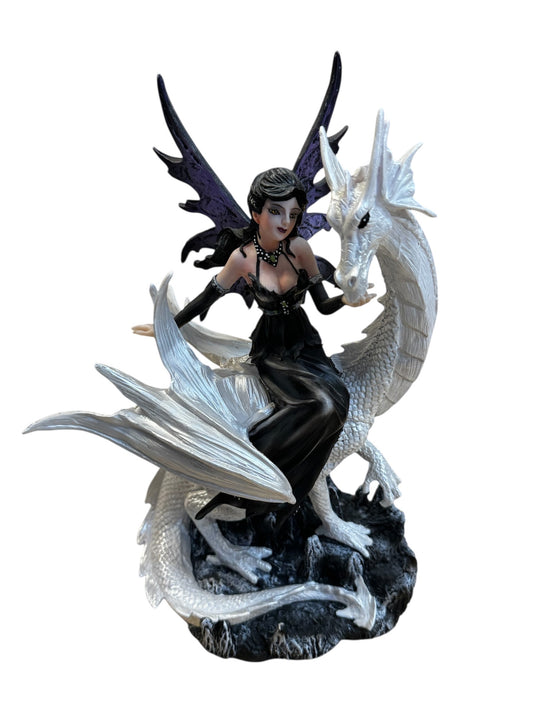 Black & White Fairy W/ Dragon - Polyresin Composite - 10" Inches Tall