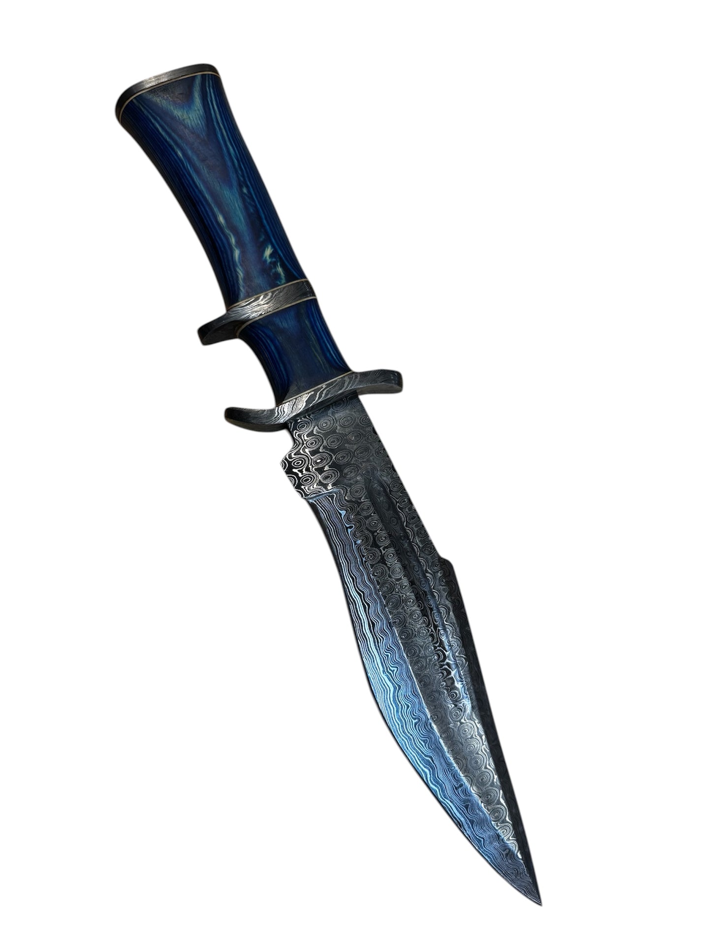 Damascus Hunting/Survival Knife - Genuine Leather Sheath - Blue Wood Carved Handle - 9" Inch Blade